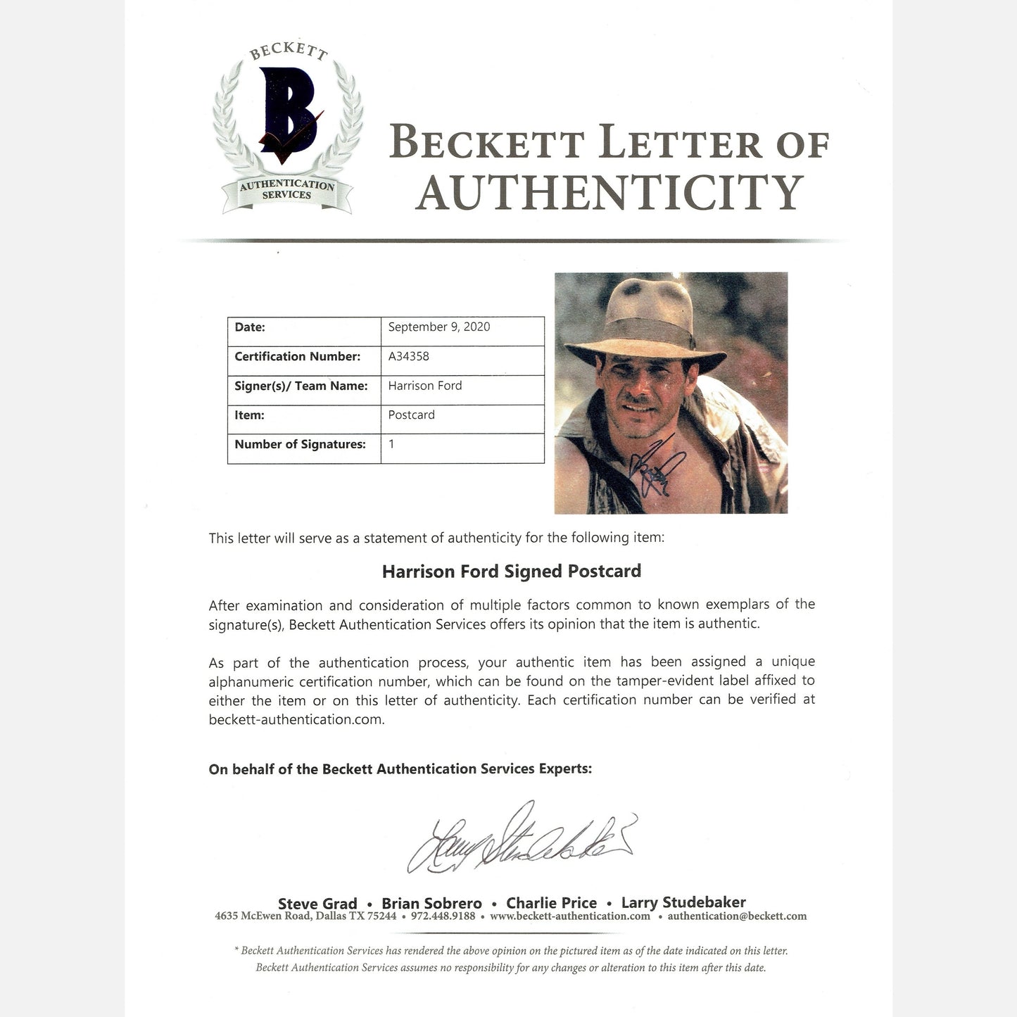 HARRISON FORD autograph BECKETT LOA signed 10x14 photography INDIANA JONES 11x14