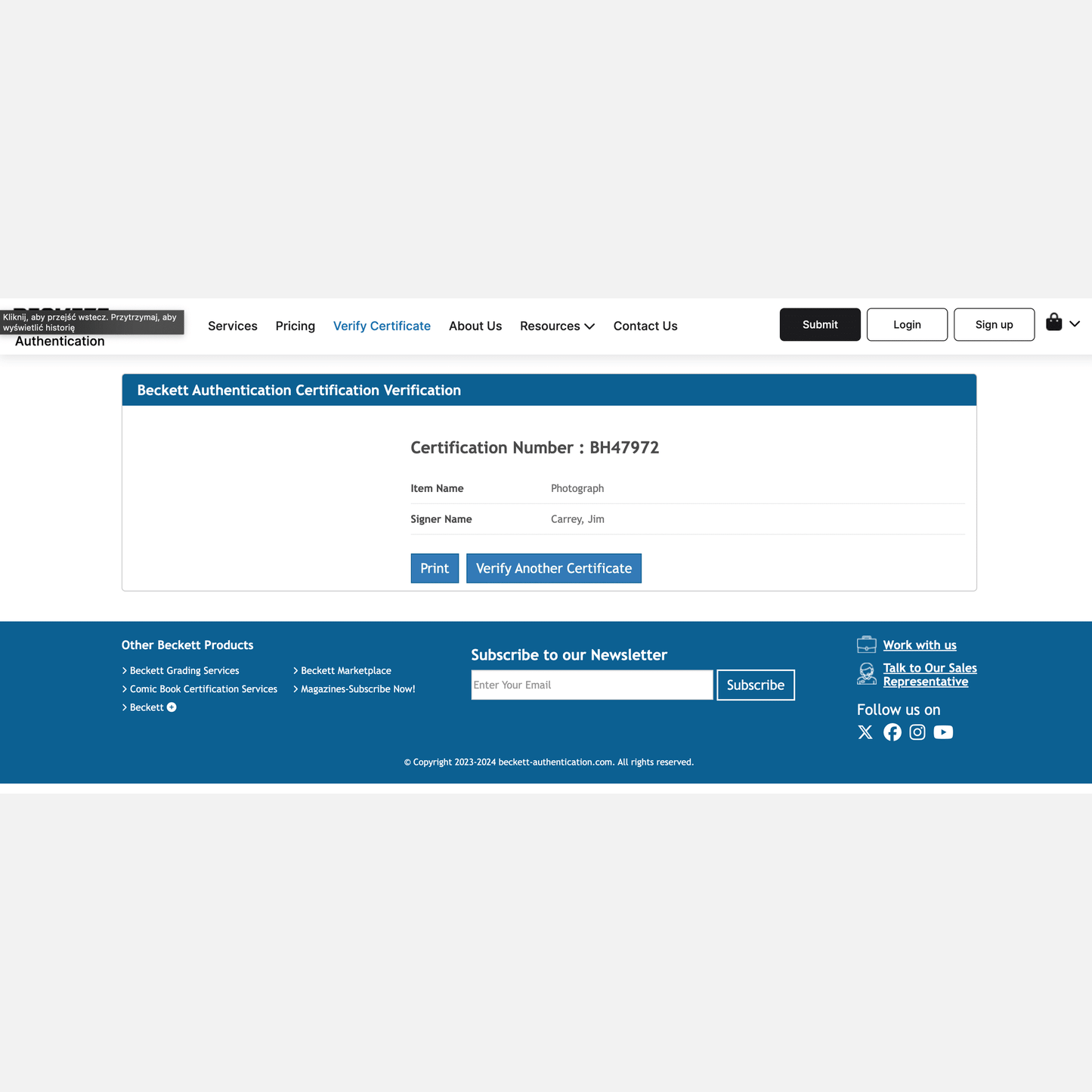 JIM CARREY as JOKER autograph BECKETT signed 8x10 photography BATMAN 8x10