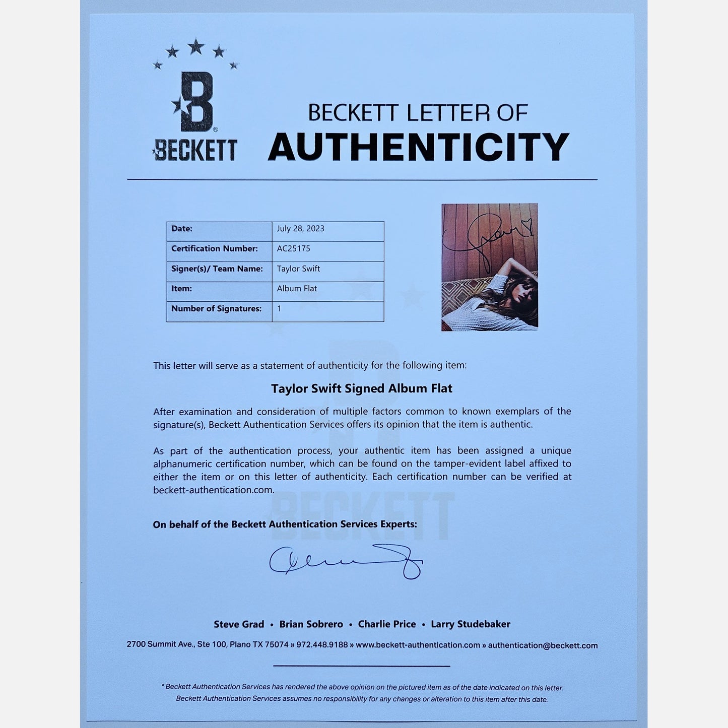 TAYLOR SWIFT Autogramm BECKETT LOA signierte Vinyl-LP-Beilage