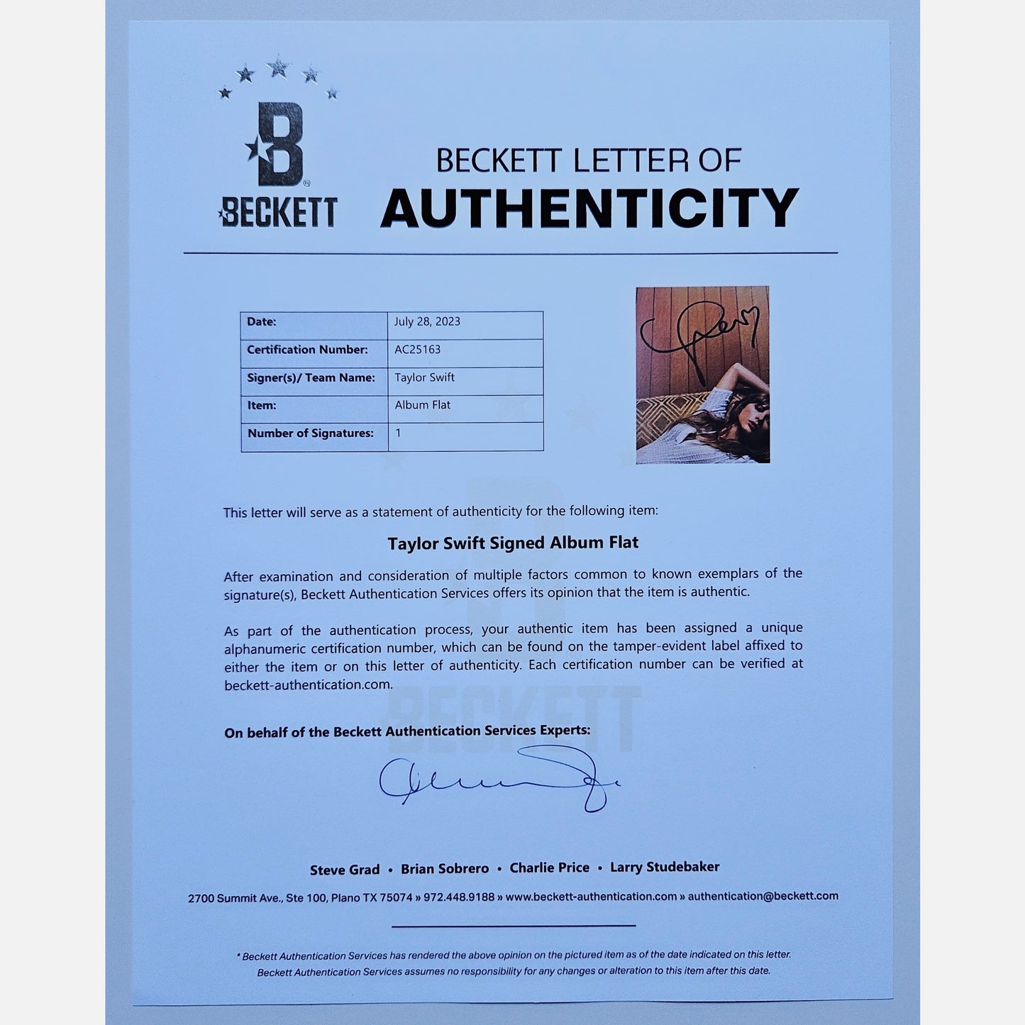 TAYLOR SWIFT Autogramm BECKETT LOA signierte Vinyl-LP-Beilage