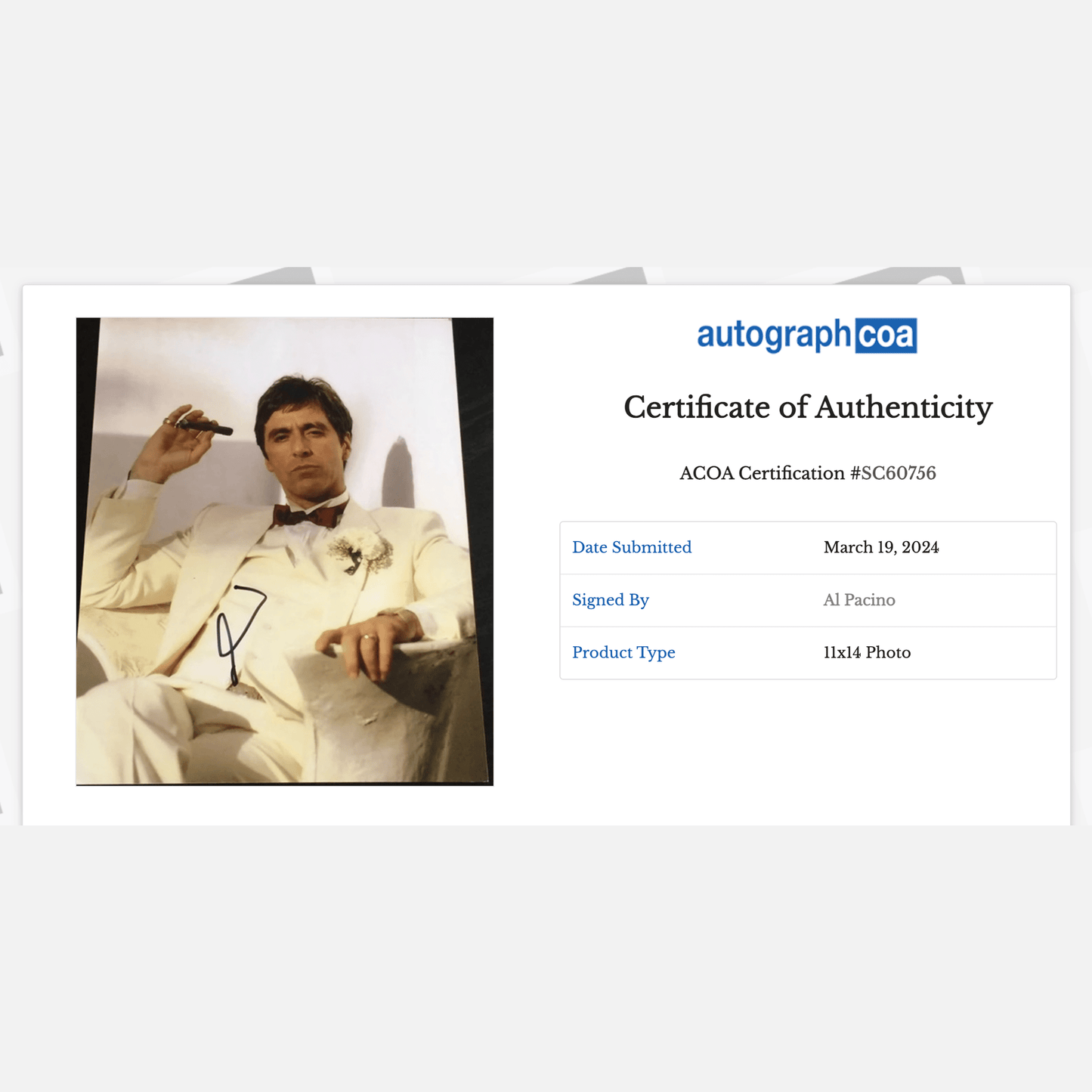 AL PACINO autograph ACOA signed 11x14 photography THE GODFATHER 11x14