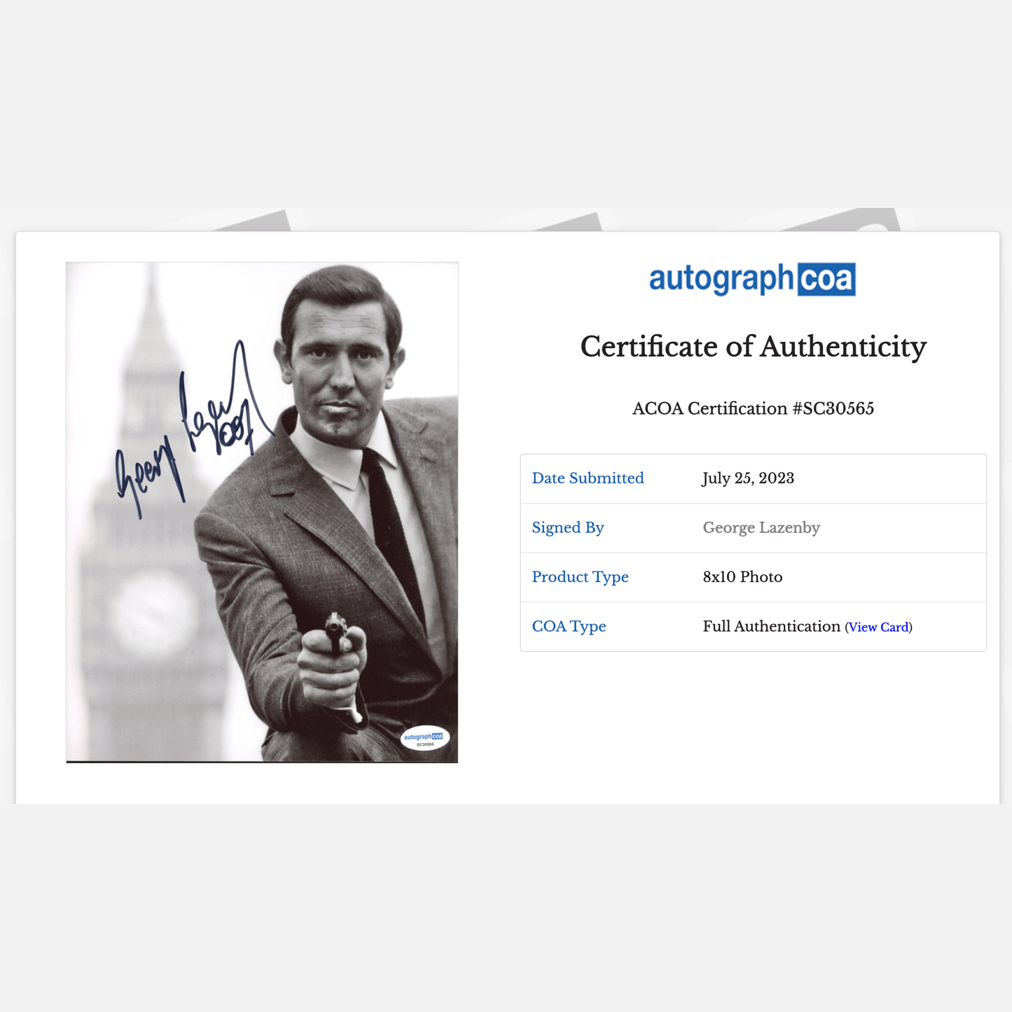 GEORGE LAZENBY autograph ACOA signed 8x10 photography 007 JAMES BOND