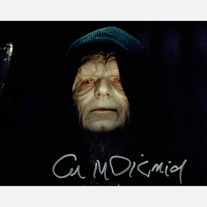 Ian McDiarmid signed Star Wars photography with JSA certificate, 8x10 inch collectible autograph for movie collectors.