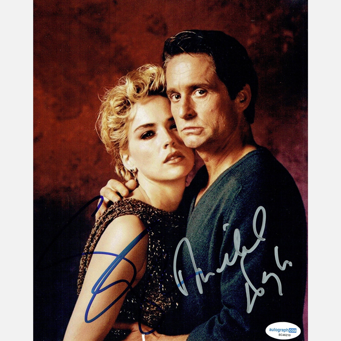 Michael Douglas and Sharon Stone autograph signed 8x10 photography, Basic Instinct movie, ACOA certificate, collector's edition, celebrity collection