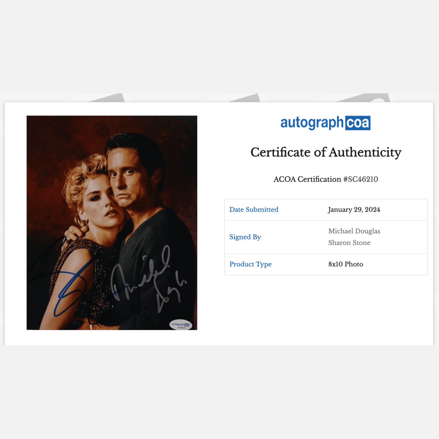 MICHAEL DOUGLAS and SHARON STONE signed 8x10 photography with ACOA certificate from Basic Instinct movie for collectors