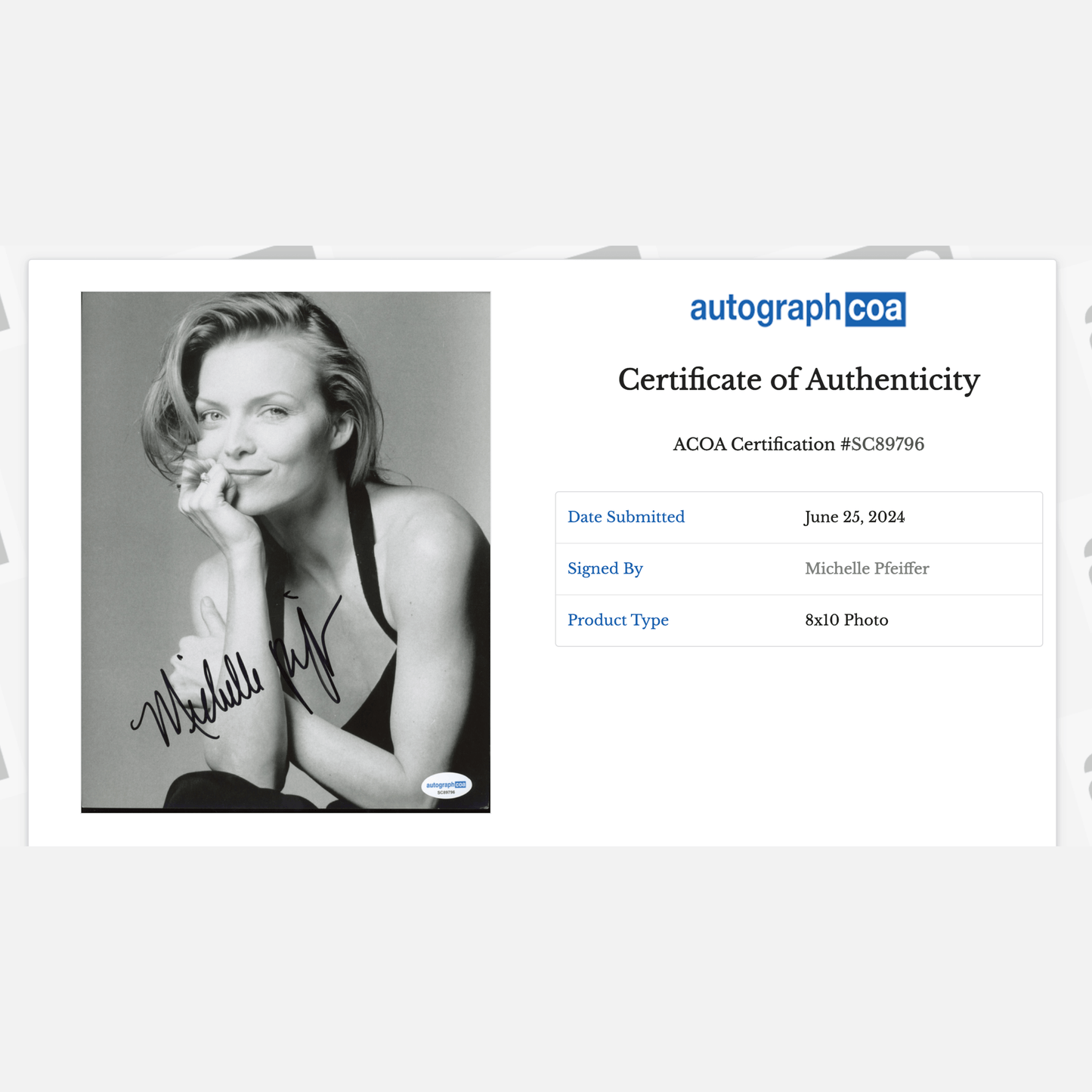 MICHELLE PFEIFFER autograph ACOA signed 8x10 photography B&W