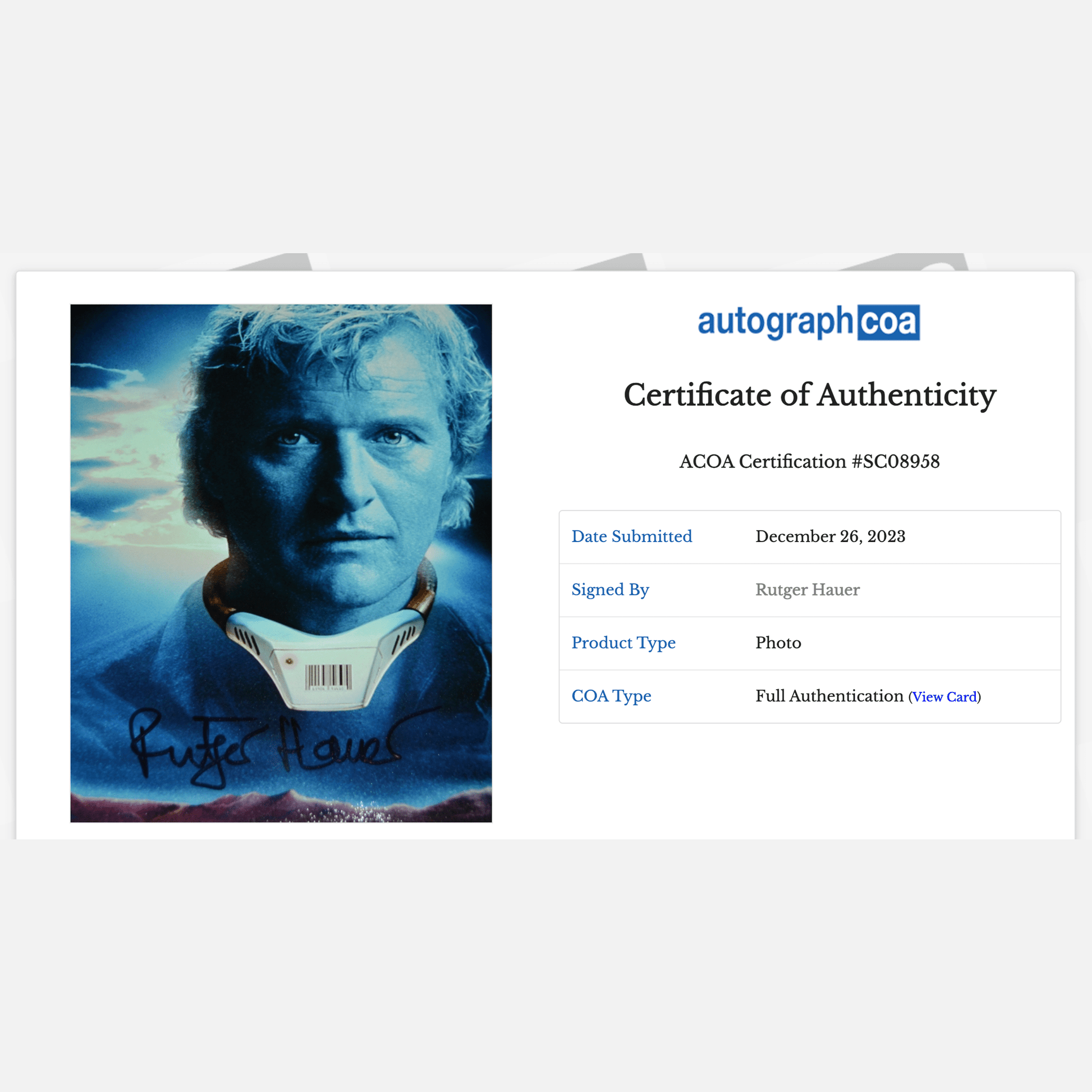 RUTGER HAUER autograph ACOA signed 8x10 photography 8x10