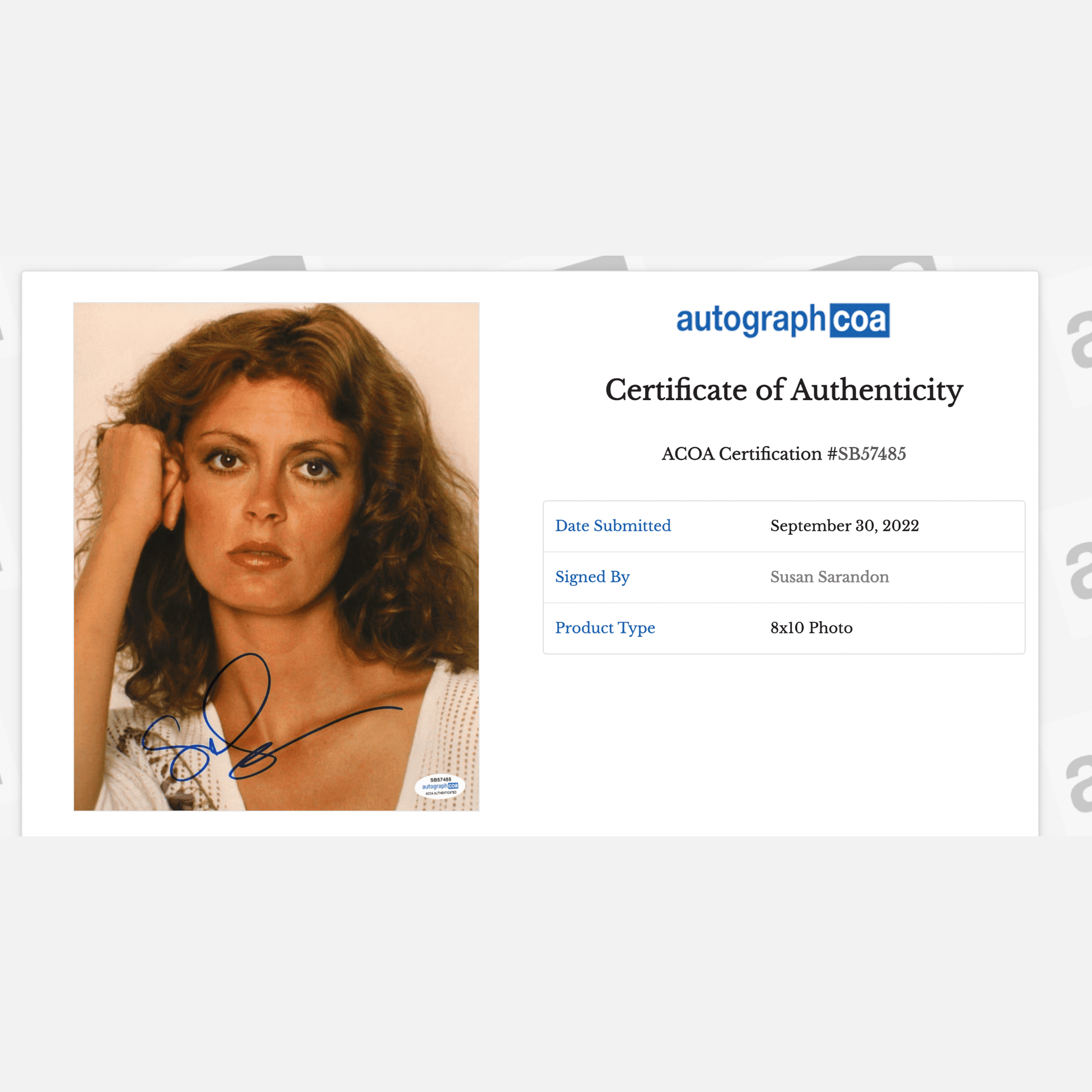 SUSAN SARANDON autograph ACOA signed 8x10 photography 8x10