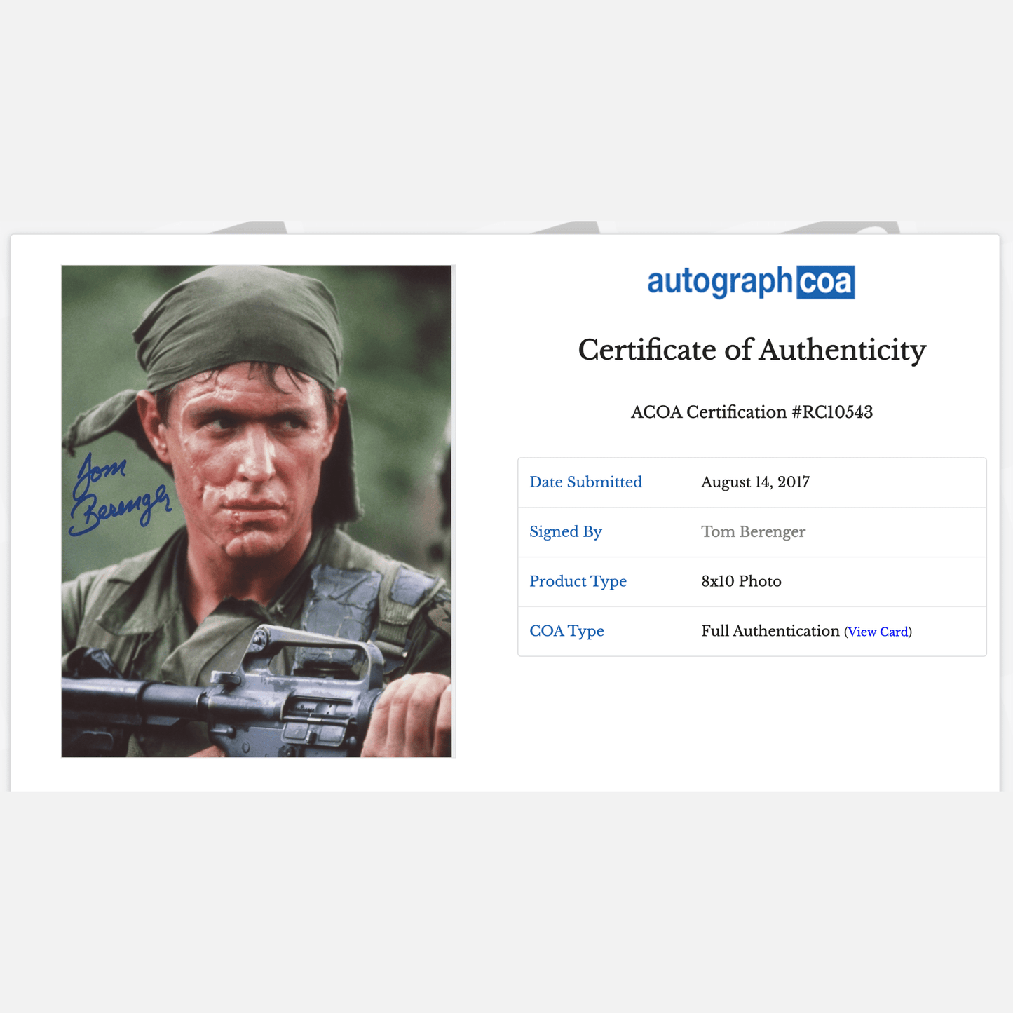 TOM BERENGER autograph ACOA signed 8x10 photography PLATOON