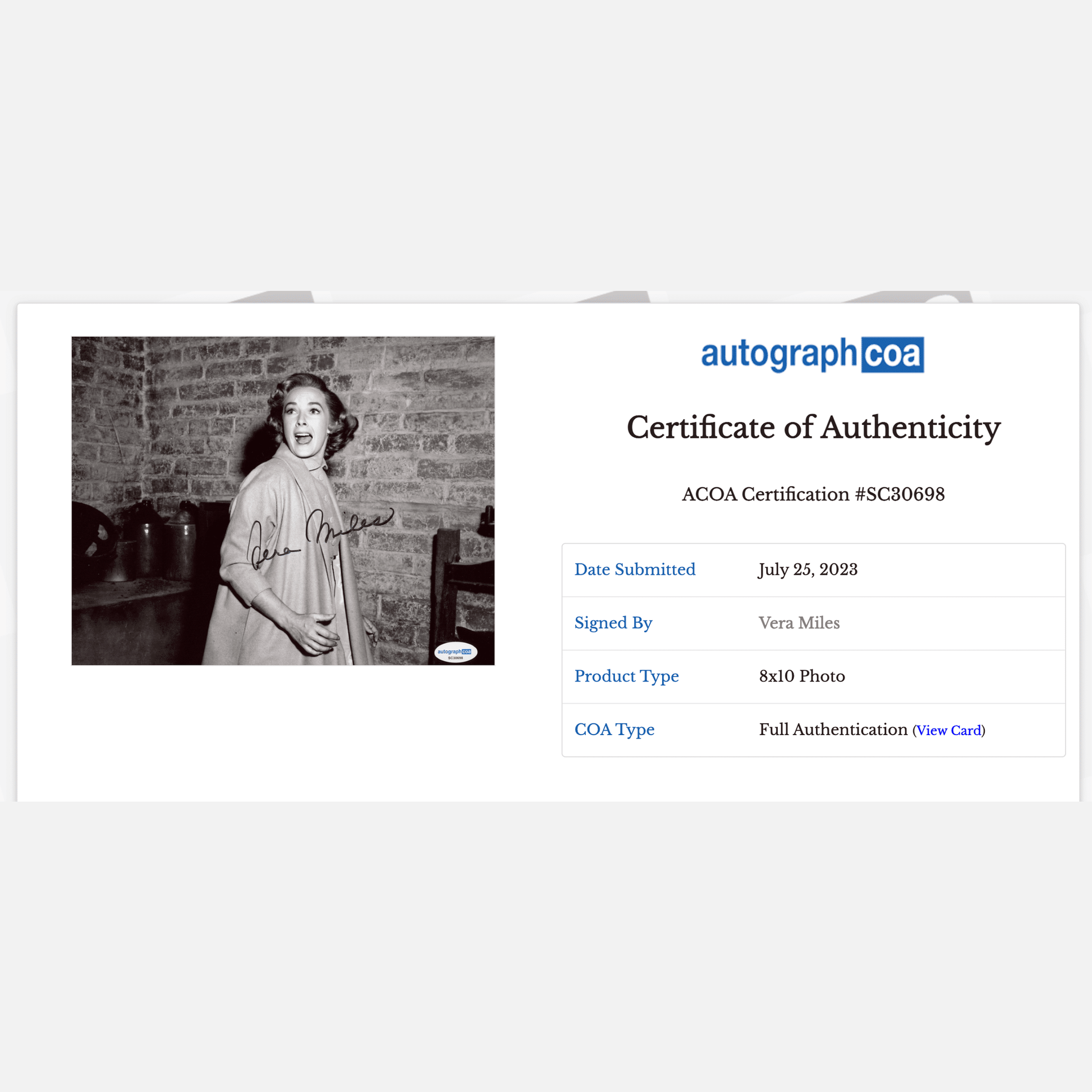 VERA MILES autograph ACOA signed 8x10 photography PSYCHO 8x10